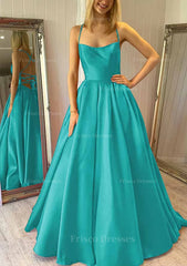 Ball Gown Square Neckline Sleeveless Satin Sweep Train Prom Dress With Pleated Pockets