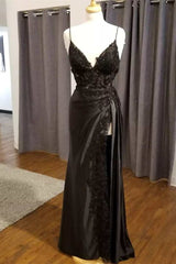 Black Floral Lace V-Neck Long Prom Dress with Slit,Event Dresses Elegant