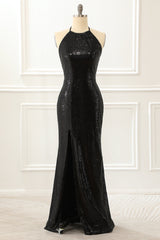 Black Halter Sequin Prom Dress With Slit