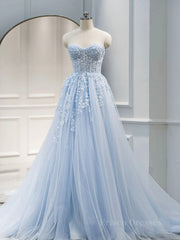 Blue A line tulle lace long prom dress blue lace formal dress