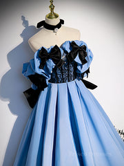 Blue satin lace long prom dress blue satin evening dress