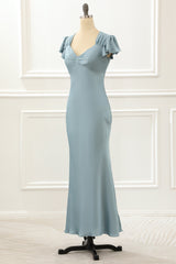 Blue Satin Simple Prom Dress With Ruffles