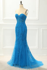 Blue Strapless Mermaid Prom Dress With Appliques