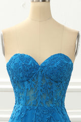 Blue Strapless Mermaid Prom Dress With Appliques