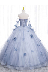 Blue Long Sleeves Tulle Prom Dress with Flowers, Puffy Off the Shoulder Quinceanera Dress