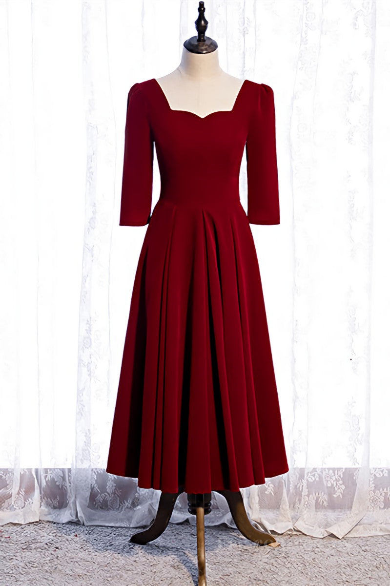 Burgundy A-line Sleeves Square Neck Pleated Tea Length Formal Dress