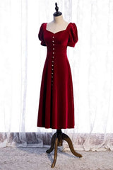Burgundy Square Neck Puff Sleeves Bow Tie Back Tea Length Formal Dress with Buttons