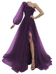 Burgundy tulle prom dress one shoulder evening dress