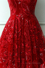 Burgundy v neck lace high low prom dress lace formal dress