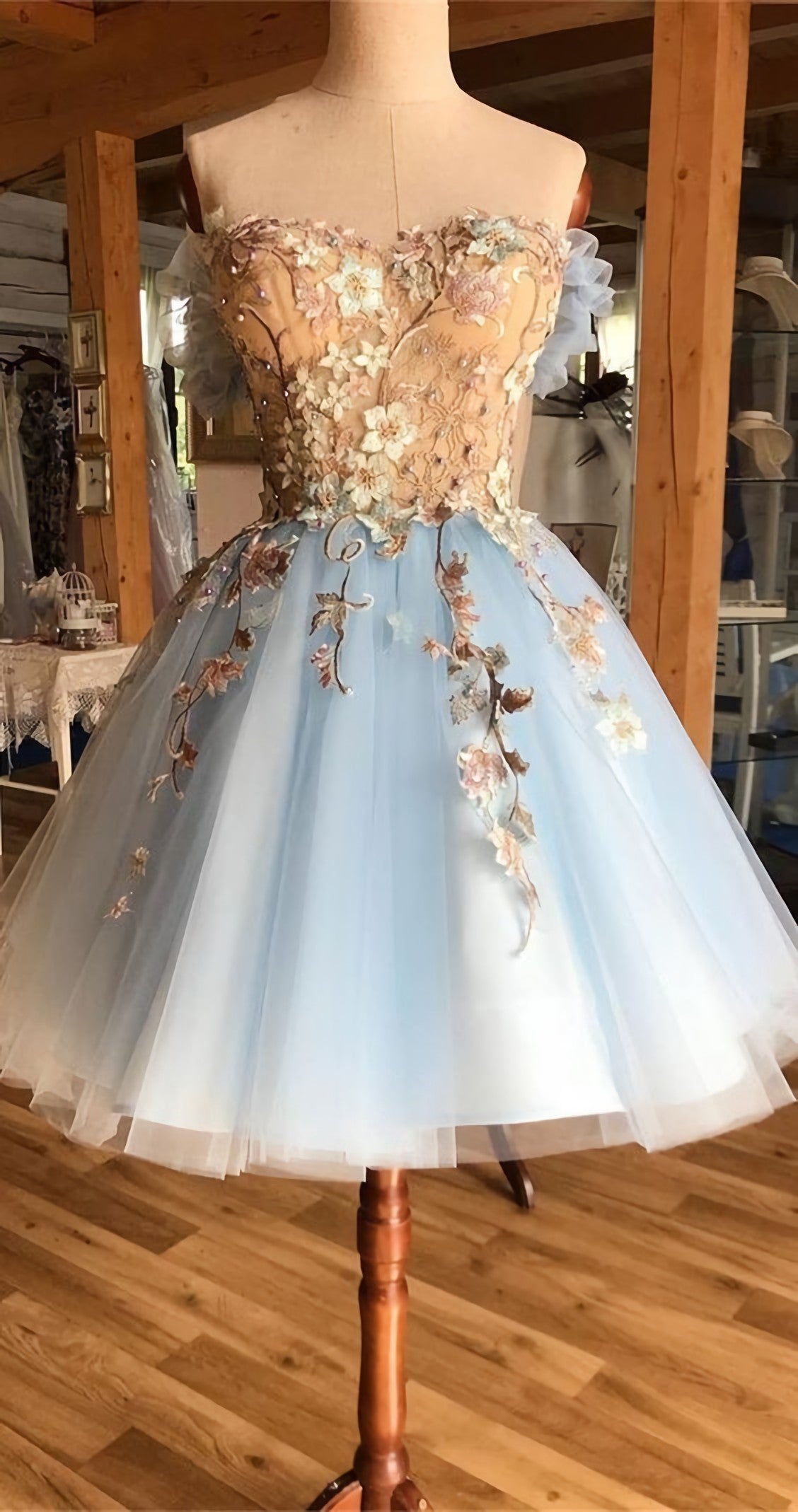 A Line Off The Shoulder Above Knee Light Blue Homecoming Dress, With Appliques