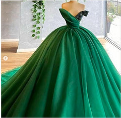 Green Prom Dresses, Ball Gown Puffy Tulle Sequins Beading Floor Length Long Arabic Long Evening Dresses, Gowns