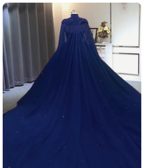 Elegant Lace Embroidery Tulle Beaded Quinceanera Dresses, Navy Blue Ball Gown Prom Dress, With Cape