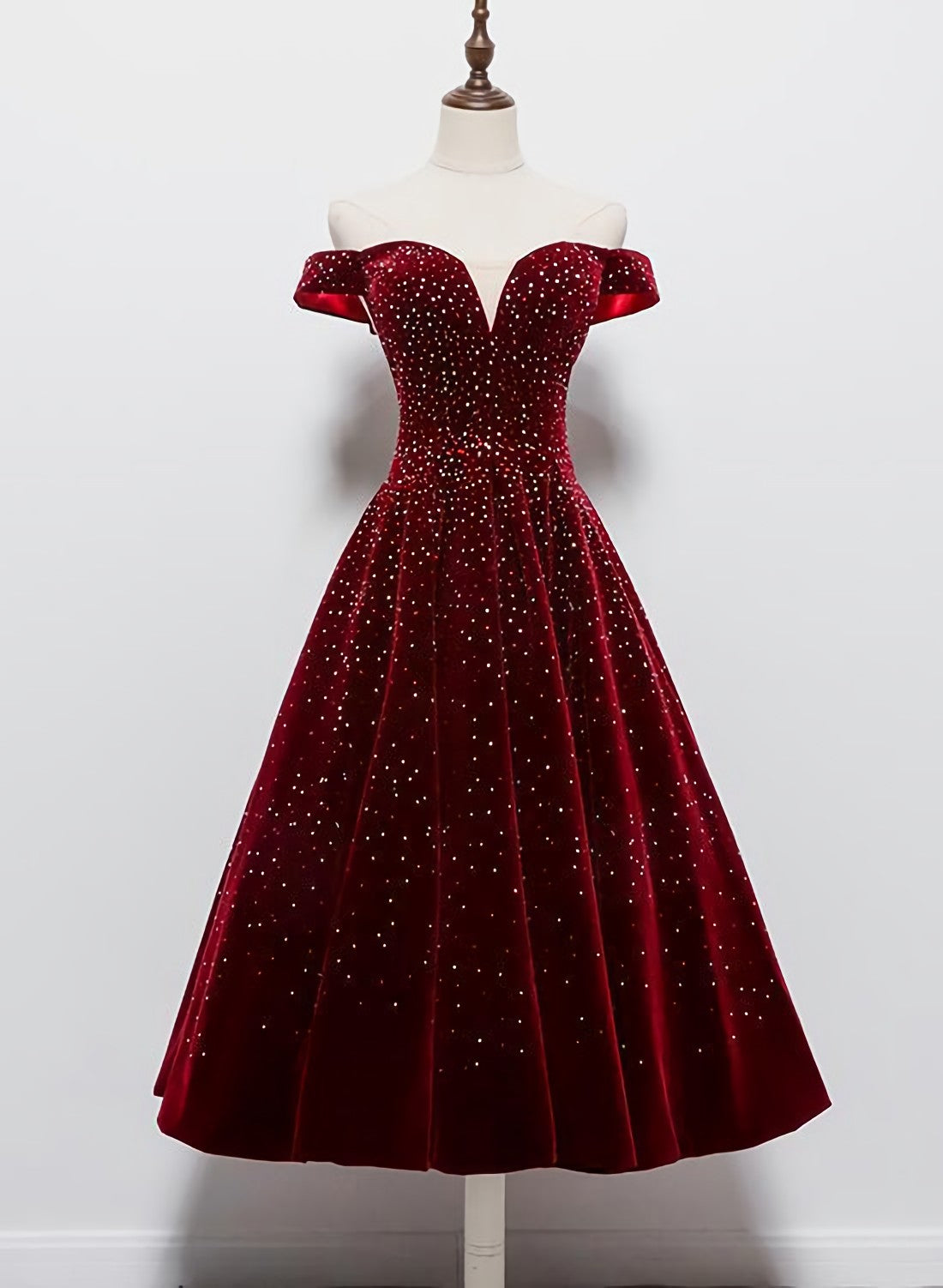 Beautiful Wine Red Tea Length Sweetheart Party Dress, Velvet Bridesmaid Dress, Prom Dress