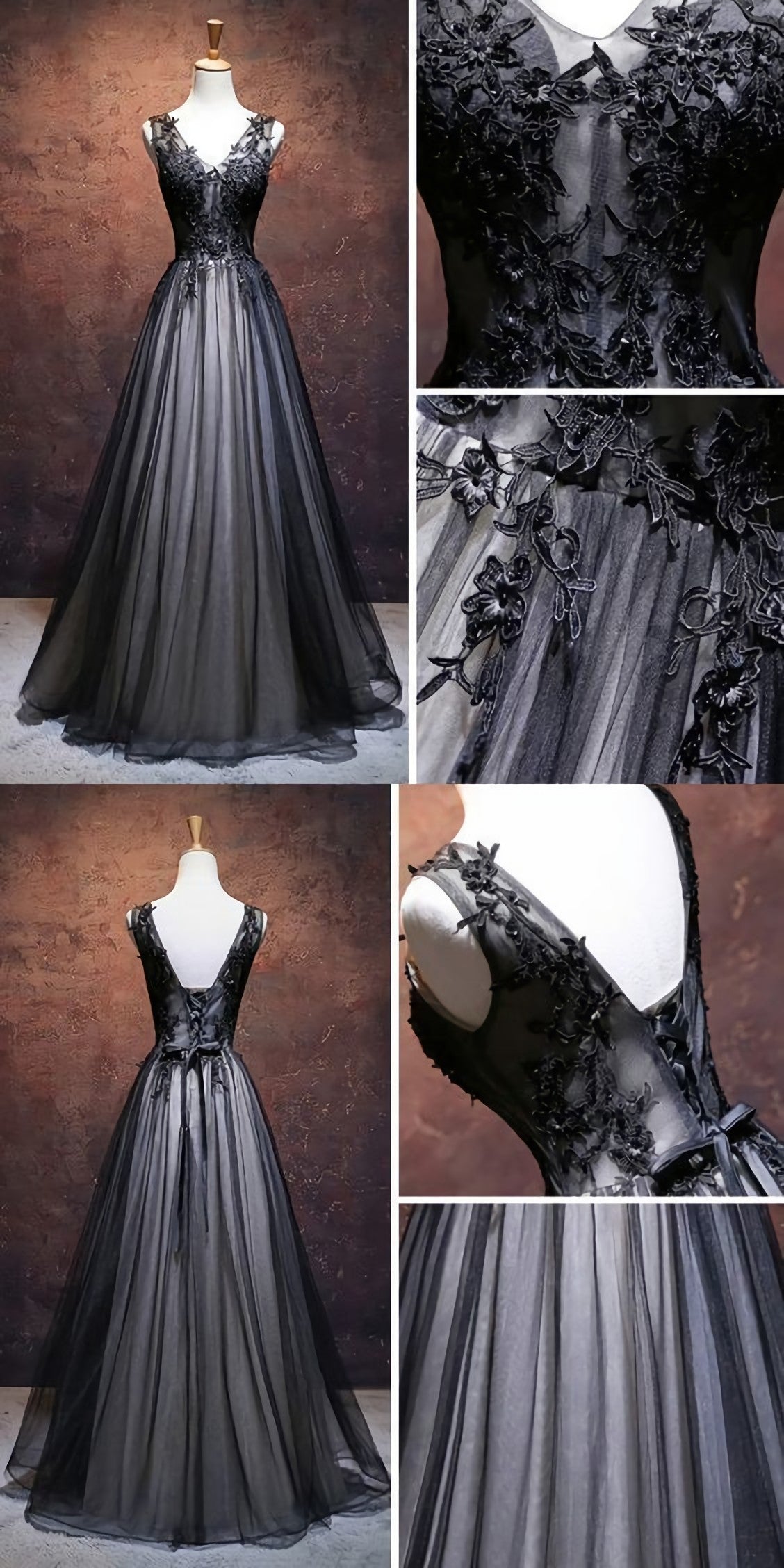 Chic A Line V Neck Floor Length Tulle Black Applique Long Prom Dress, Evening Dress