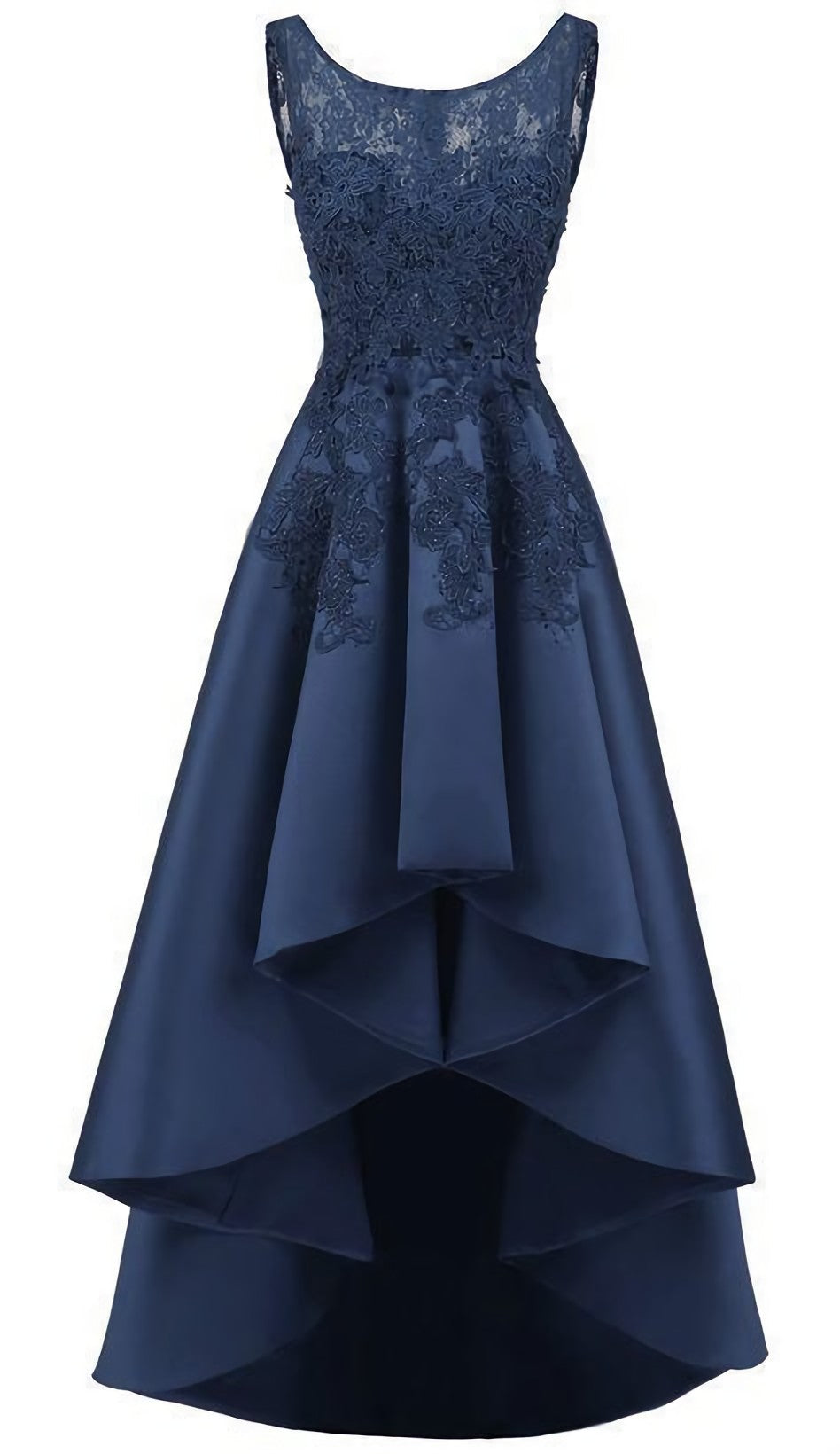 New Arrive Long Formal Prom Dress, Navy Blue Lace Beaded Wedding Party Dresses, High Low Bridesmaid Gowns Formal