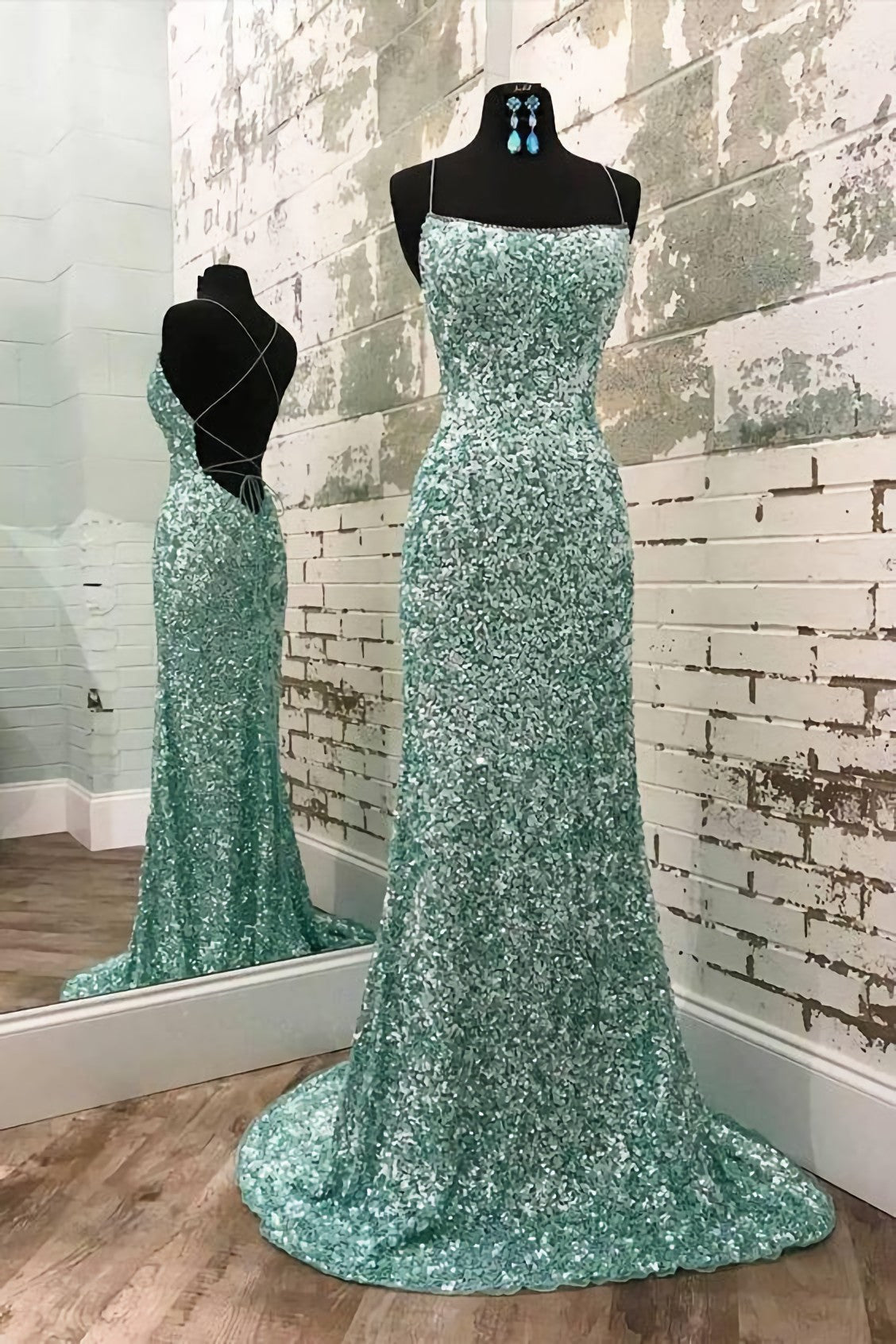 Mint Green Sequins Prom Dress