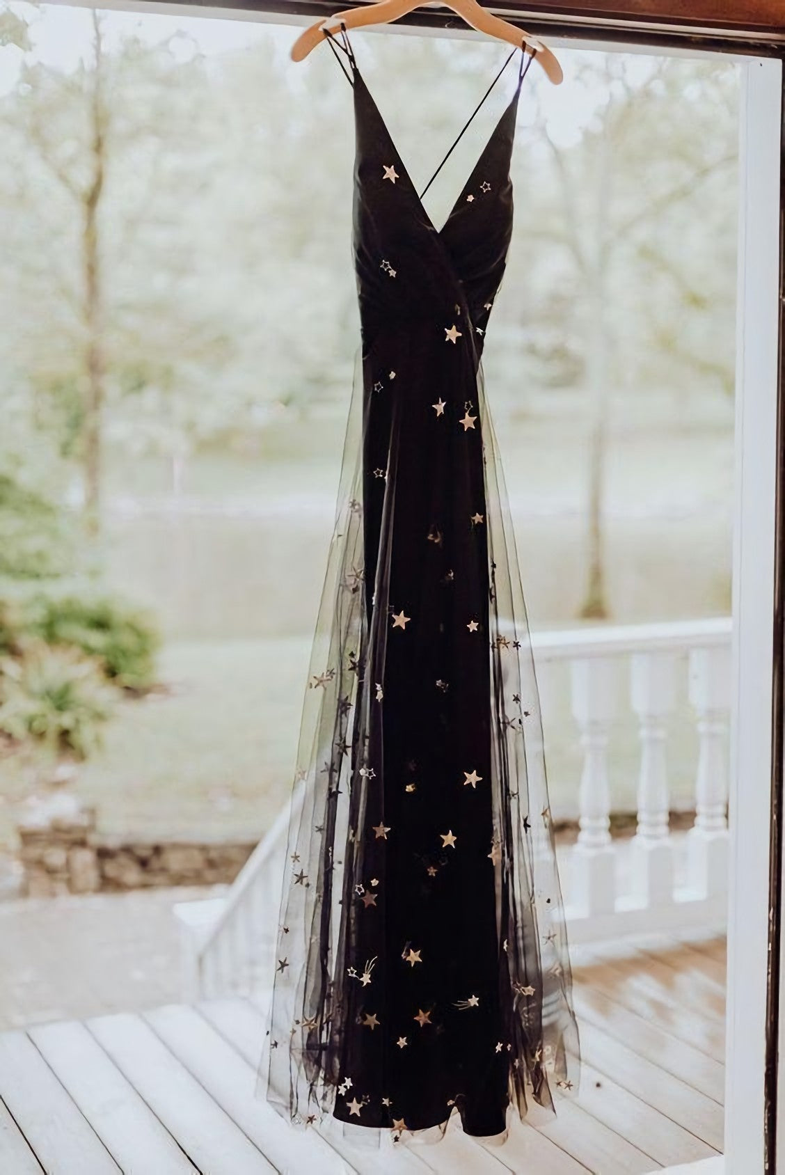 Black Tulle Gold Star Wedding Dress, Fashion Prom Gown