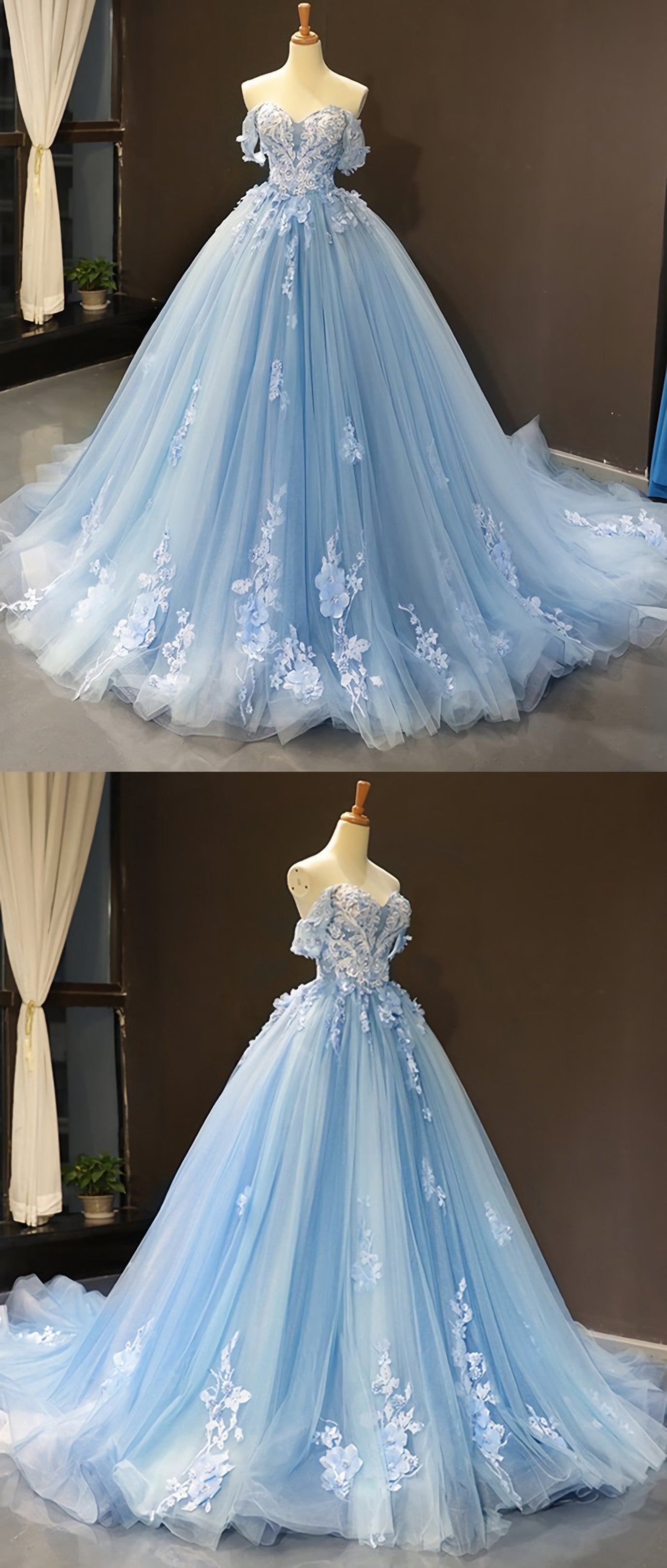 Sky Blue Tulle Off Shoulder Sweetheart Neck Long Lace Applique Senior Prom Dress, Evening Dress