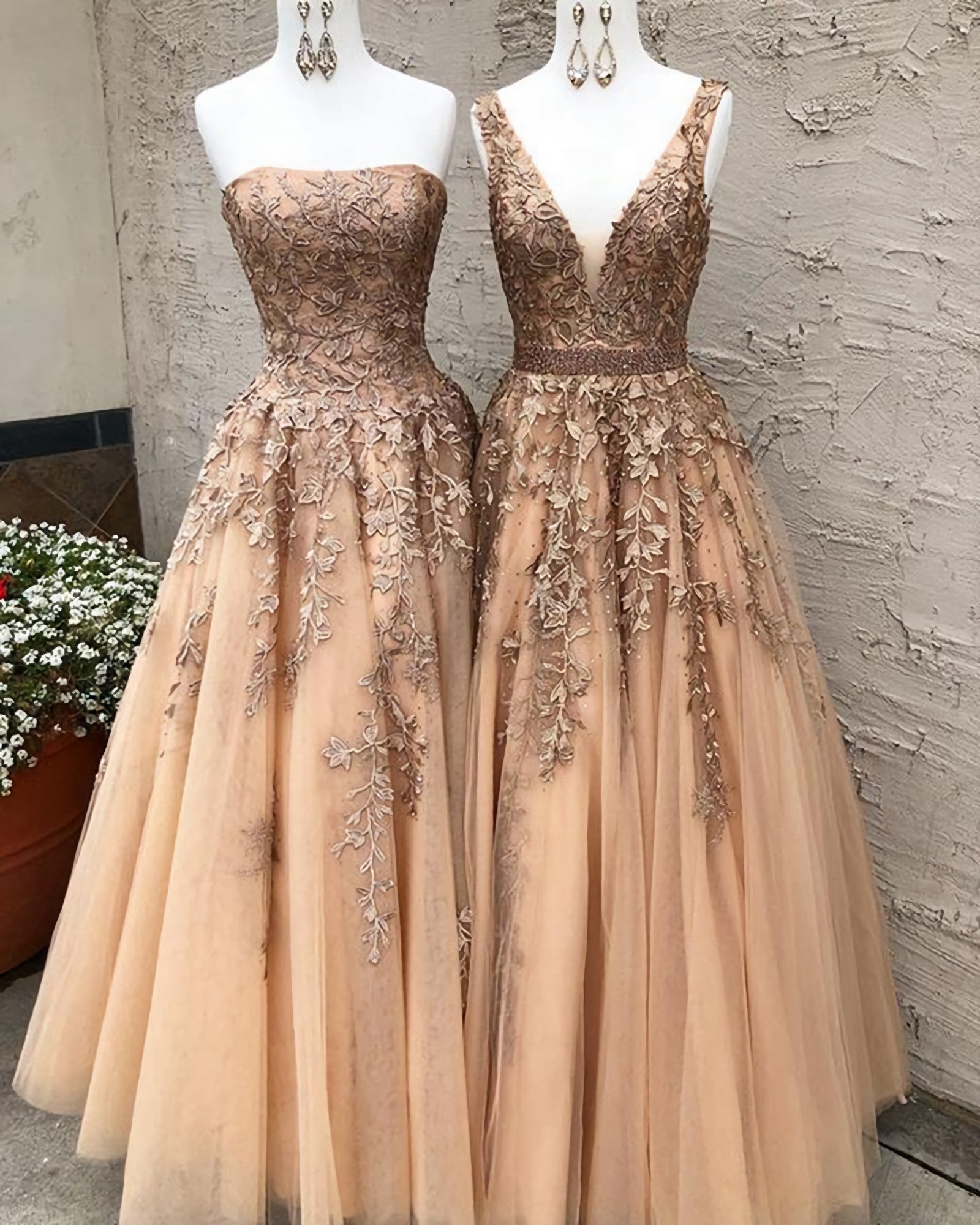 Long Champagne Prom Dress, Sexy V Neck Strapless A Line Appliques Formal Party Dresses