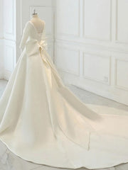 White Satin Backless 3/4 Sleeve Wedding Dress, Party Prom Dresses