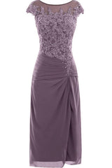 knee length mauve tight chiffon mother of the bride/prom dress with cap sleeves
