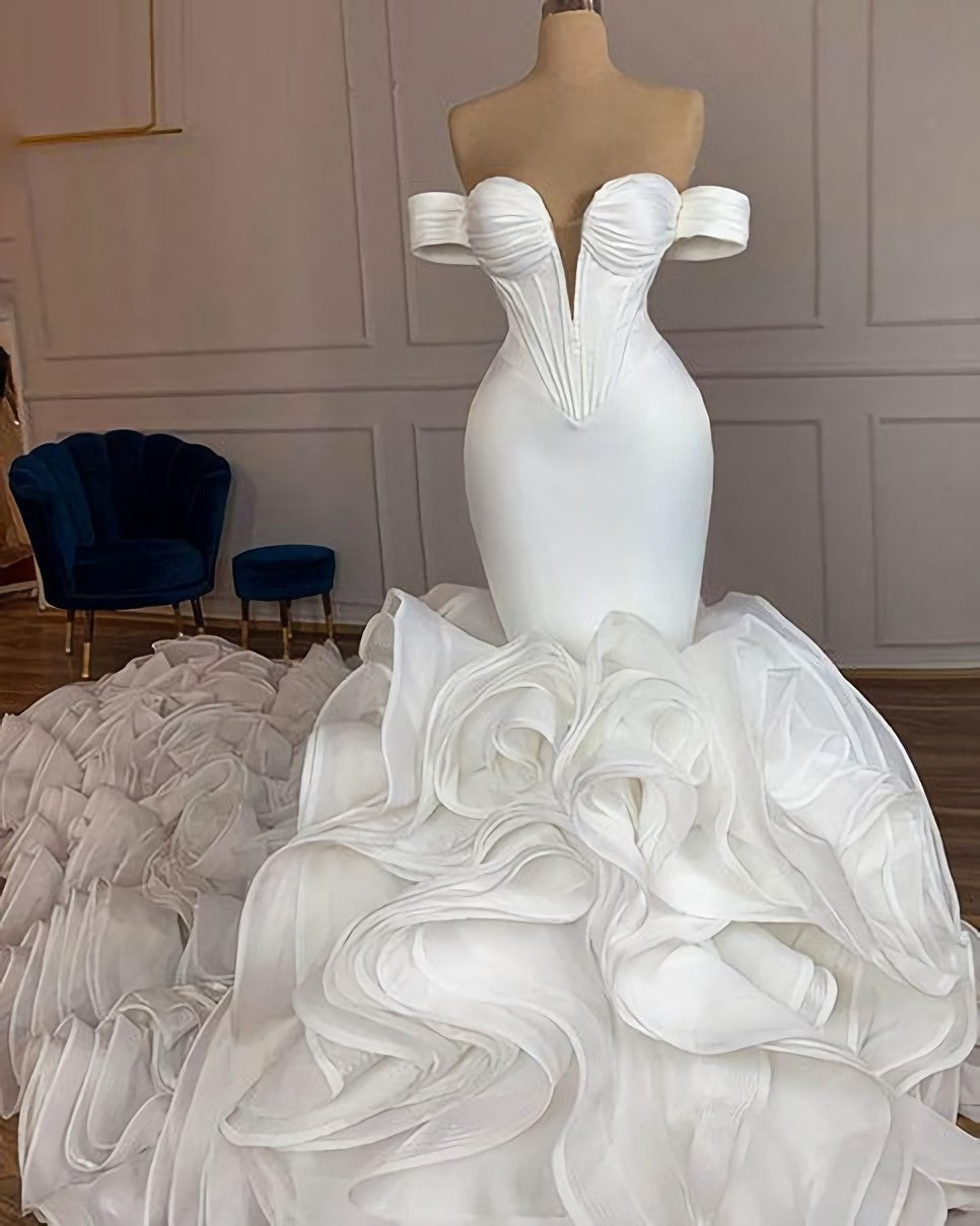 Elegant Mermaid African Women Wedding Dresses 2024 Off The Shoulder Ruffles High Quality Satin Birdal White Wedding Gowns Prom Dresses