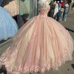 Pink Sparkly Quinceanera Prom Dresses, Lace Flower Sweet 16 Tulle Party Ball Gown