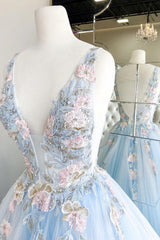 Baby Blue Prom Dress, With Embroidery