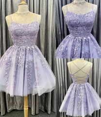 Purple Tulle Lace Short A Line Homecoming Dress, Evening Dress