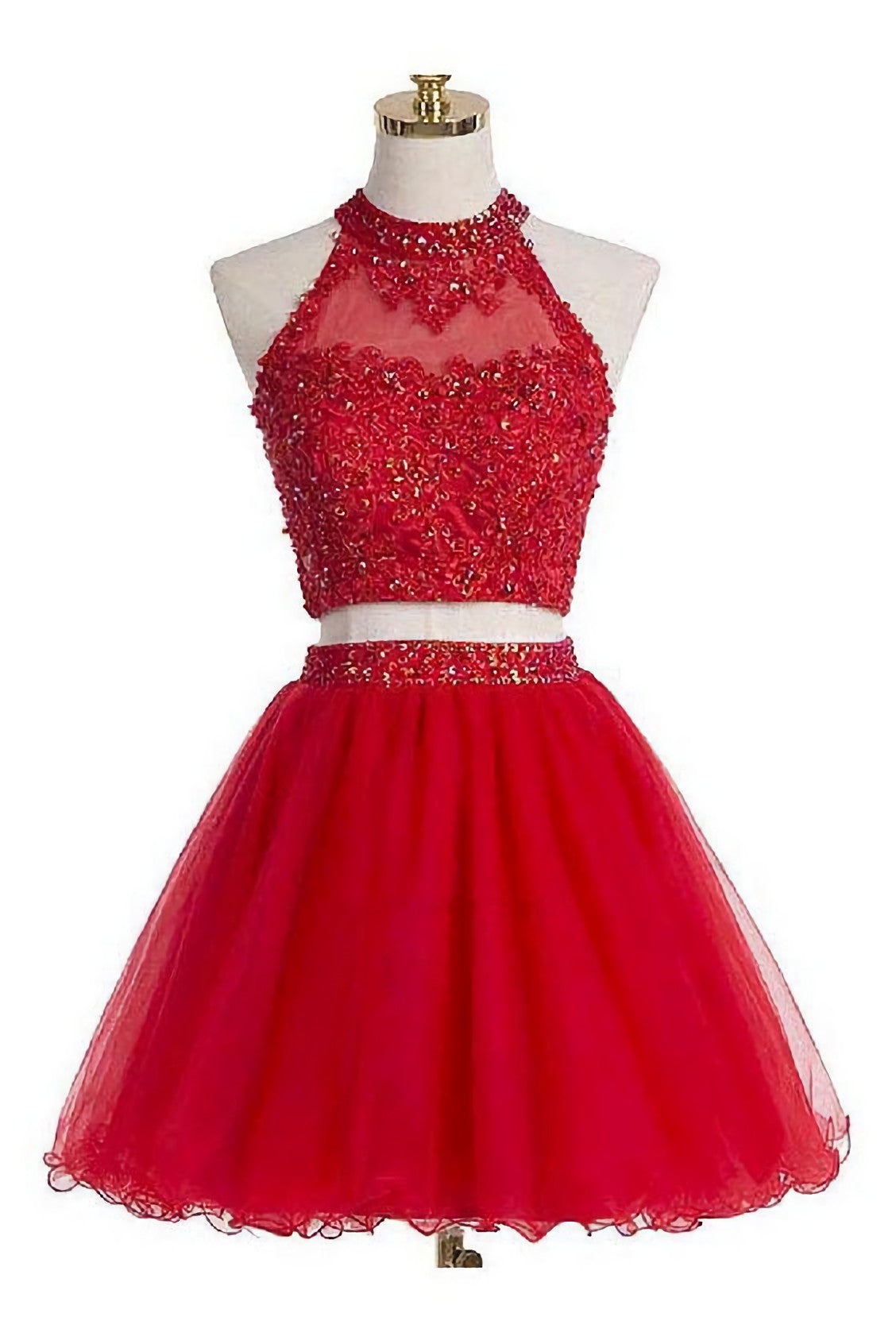 Two Piece Scoop Short Red Organza Beaded Homecoming Dress, With Appliques Sequins
