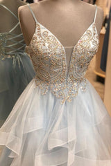 A Line Spaghetti Straps Light Sky Blue Short Homecoming Dress, With Beading