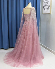 Pink Tulle Open Back Long Sleeve Sequins Evening Dress, Formal Prom Dress