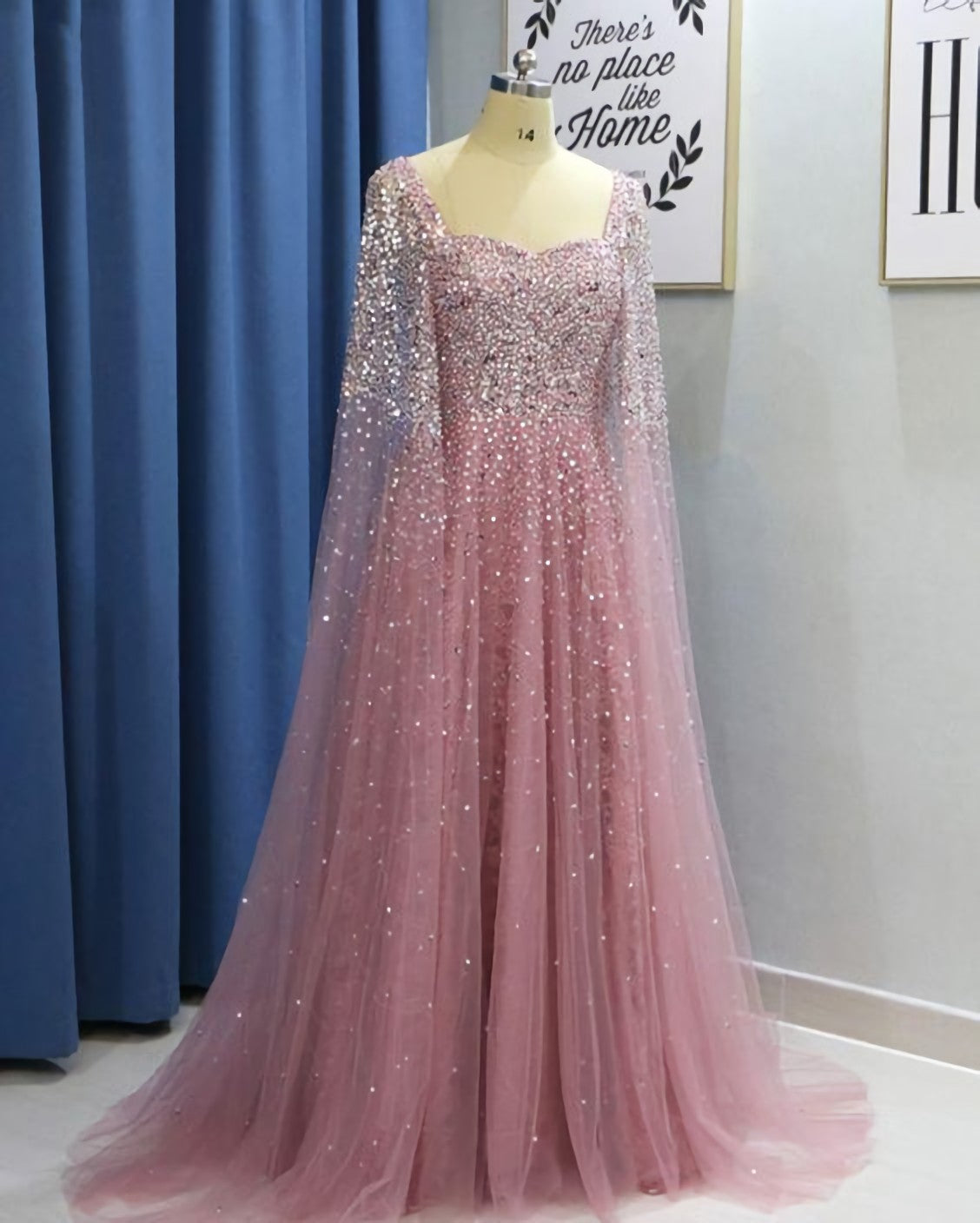 Pink Tulle Open Back Long Sleeve Sequins Evening Dress, Formal Prom Dress