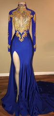 Gorgeous Royal Blue Prom Dresses, Gold Appliques Side Slit Mermaid Evening Dresses_