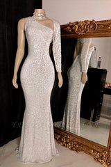 Sparkly One Shoulder Silver Floor Length Column Prom Dresses