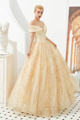 Champagne Gold Off-the-Shoulder Tulle Ball Gown Sequins Princess Prom Dresses for Girls