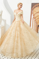 Champagne Gold Off-the-Shoulder Tulle Ball Gown Sequins Princess Prom Dresses for Girls