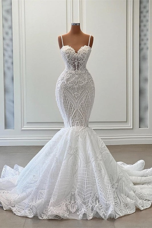 Charming Sleeveless Spaghetti Straps Mermaid Wedding Dress with Ruffles