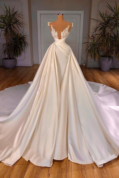 Chic Long A-line Cathedral Sleeveless V-neck Satin Wedding Dresses