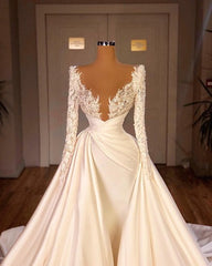 Chic Long A-line Cathedral V-neck Satin Lace Wedding Dress With Sleeves