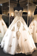 Classic Sweetheart Gold Lace Wedding Dresses Sparkly Ball Gown Bridal Dress