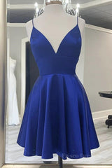 Cute V Neck Backless Short Royal Blue Prom Dress with Straps, Backless Royal Blue Formal Graduation Homecoming Dress