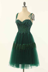 Dark Green A-line Bow Tie Straps Lace-Up Applique Mini Homecoming Dress