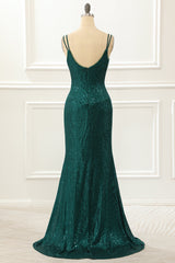 Dark Green Spaghetti Straps Saprkly Prom Dress With Slit