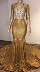 Black Girl Prom Dresses, Open Back Gold Prom Dresses, Cheap With Choker Long Sleeve Mermaid V Neck Sexy Evening Gowns With Crystals