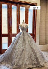 Modern Sparkly Grey Silver Long Or Cap Sleeves Ball Gown Wedding Prom Dress With Glitter Tulle