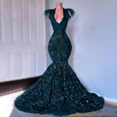 Dark Green Sequined Mermaid Prom Dresses, 2023 For African Black Girls Court Train Feather V Neck Sexy Formal Party Gowns