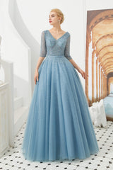 Dusty Blue V-Neck Half-Sleeve Prom Dresses Long With Beadings Lace-up
