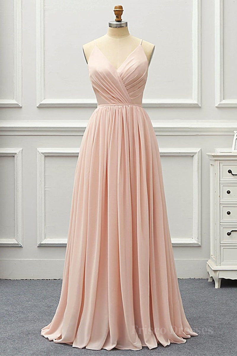 Elegant A Line V Neck Pink Long Prom Dress, Pink Formal Graduation Evening Dress