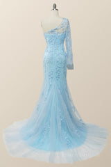 Elegant One Sleeve Light Blue Lace Mermaid Long Formal Dress